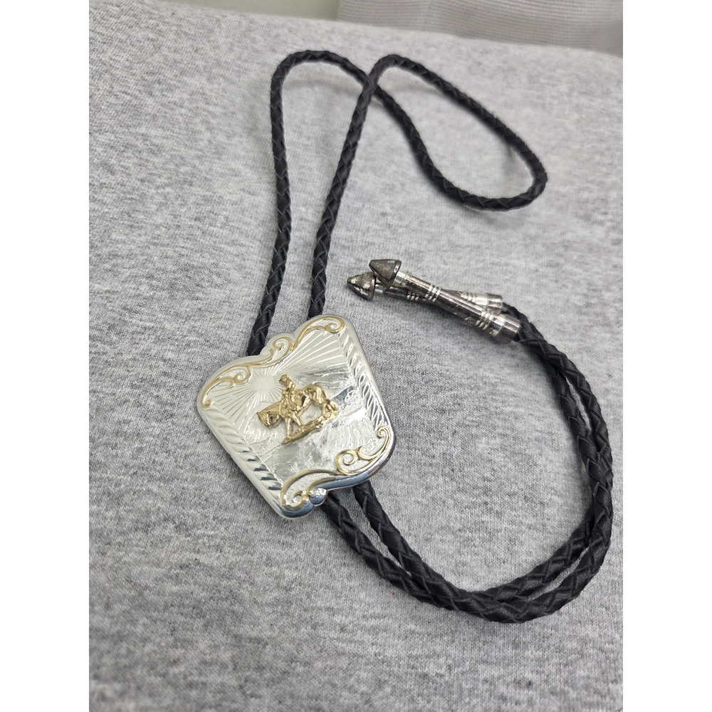 Vintage Montana Silversmiths Cowboy Rodeo Horse Stallion Leather Bolo Tie Heavy